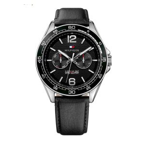 Montre homme Tommy Hilfiger 46 mm réf. 1791369, cadran noir, mouvement quartz – vue de face | Horlova Maroc