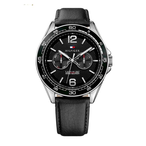 Montre homme Tommy Hilfiger 46 mm réf. 1791369, cadran noir, mouvement quartz – vue de face | Horlova Maroc