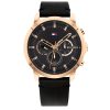 Montre homme Tommy Hilfiger 46 mm réf. 1791798, cadran noir, bracelet cuir, mouvement quartz chronographe – vue de face | Horlova Maroc