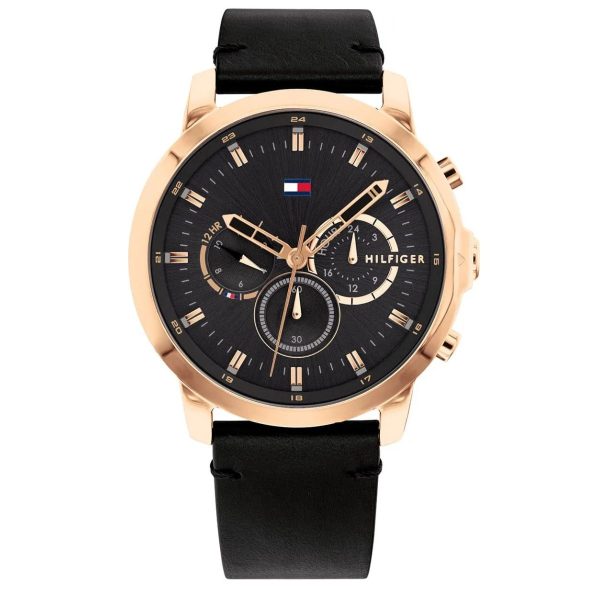 Montre homme Tommy Hilfiger 46 mm réf. 1791798, cadran noir, bracelet cuir, mouvement quartz chronographe – vue de face | Horlova Maroc