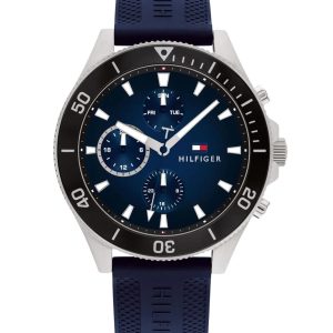 Montre homme Tommy Hilfiger 46 mm réf. 1791920, cadran bleu, bracelet silicone, mouvement quartz – vue de face | Horlova Maroc