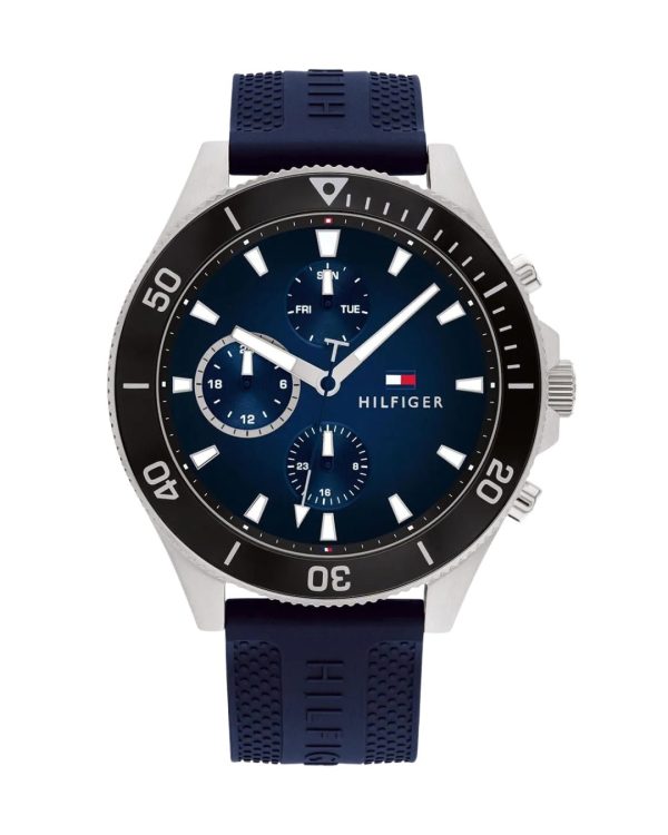 Montre homme Tommy Hilfiger 46 mm réf. 1791920, cadran bleu, bracelet silicone, mouvement quartz – vue de face | Horlova Maroc