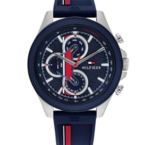Montre homme Tommy Hilfiger 46 mm réf. 1792083, cadran bleu, bracelet silicone, mouvement quartz – vue de face | Horlova Maroc