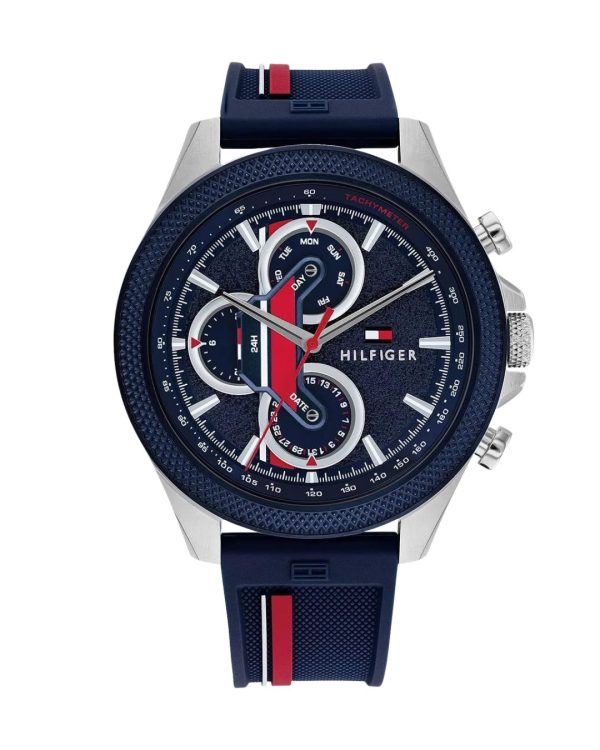 Montre homme Tommy Hilfiger 46 mm réf. 1792083, cadran bleu, bracelet silicone, mouvement quartz – vue de face | Horlova Maroc