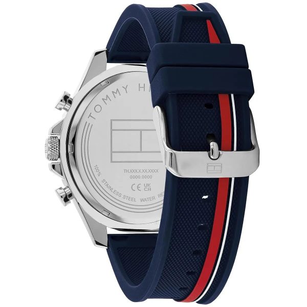 Montre homme Tommy Hilfiger 46 mm réf. 1792083, cadran bleu, bracelet silicone – autre angle