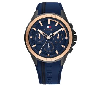 Montre homme Tommy Hilfiger Aiden 44 mm réf. 1791860, cadran bleu, bracelet silicone, mouvement quartz – vue de face | Horlova Maroc
