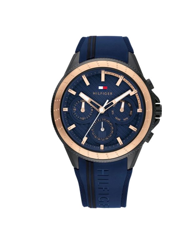 Montre homme Tommy Hilfiger Aiden 44 mm réf. 1791860, cadran bleu, bracelet silicone, mouvement quartz – vue de face | Horlova Maroc