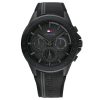Montre homme Tommy Hilfiger Aiden 44 mm réf. 1791861, cadran noir, bracelet silicone, mouvement quartz – vue de face | Horlova Maroc