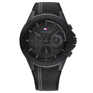 Montre homme Tommy Hilfiger Aiden 44 mm réf. 1791861, cadran noir, bracelet silicone, mouvement quartz – vue de face | Horlova Maroc