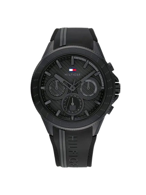 Montre homme Tommy Hilfiger Aiden 44 mm réf. 1791861, cadran noir, bracelet silicone, mouvement quartz – vue de face | Horlova Maroc
