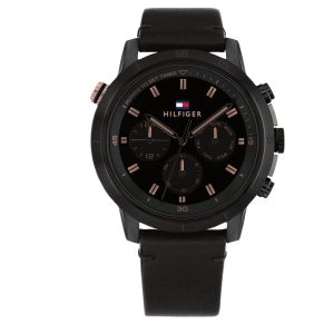 Montre homme Tommy Hilfiger Aiden 46 mm réf. 1792110, cadran noir, bracelet cuir, mouvement quartz – vue de face | Horlova Maroc