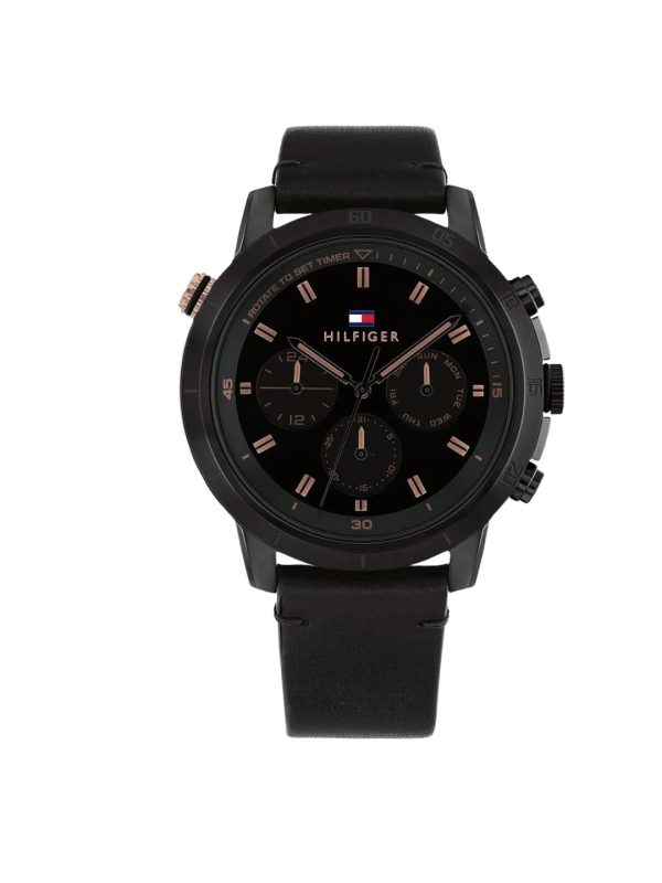 Montre homme Tommy Hilfiger Aiden 46 mm réf. 1792110, cadran noir, bracelet cuir, mouvement quartz – vue de face | Horlova Maroc