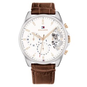Montre homme Tommy Hilfiger Baker 43.5 mm réf. 1710450, cadran blanc, bracelet cuir, mouvement quartz – vue de face | Horlova Maroc