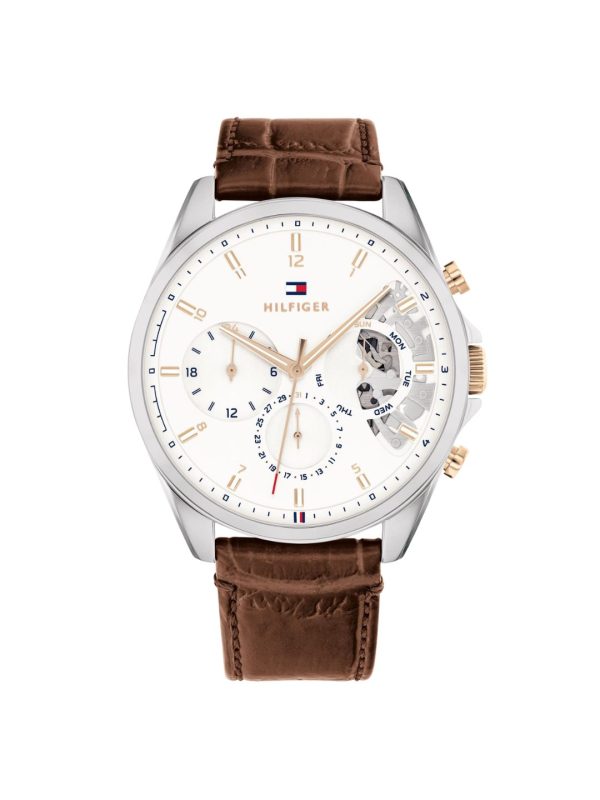 Montre homme Tommy Hilfiger Baker 43.5 mm réf. 1710450, cadran blanc, bracelet cuir, mouvement quartz – vue de face | Horlova Maroc