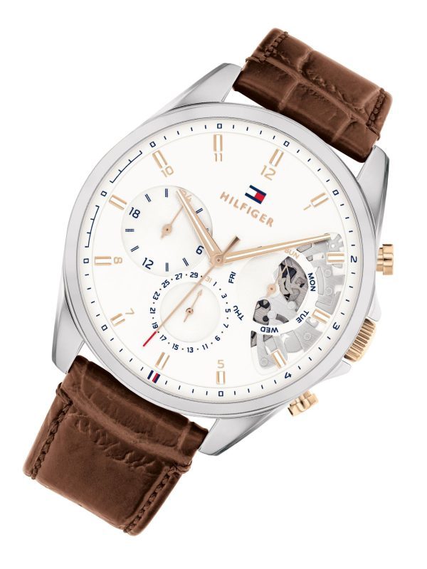 Montre homme Tommy Hilfiger Baker 43.5 mm réf. 1710450, cadran blanc, bracelet cuir – vue rapprochée