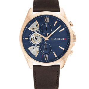 Montre homme Tommy Hilfiger Baker 44 mm réf. 1710645, cadran bleu, bracelet cuir, mouvement quartz – vue de face | Horlova Maroc