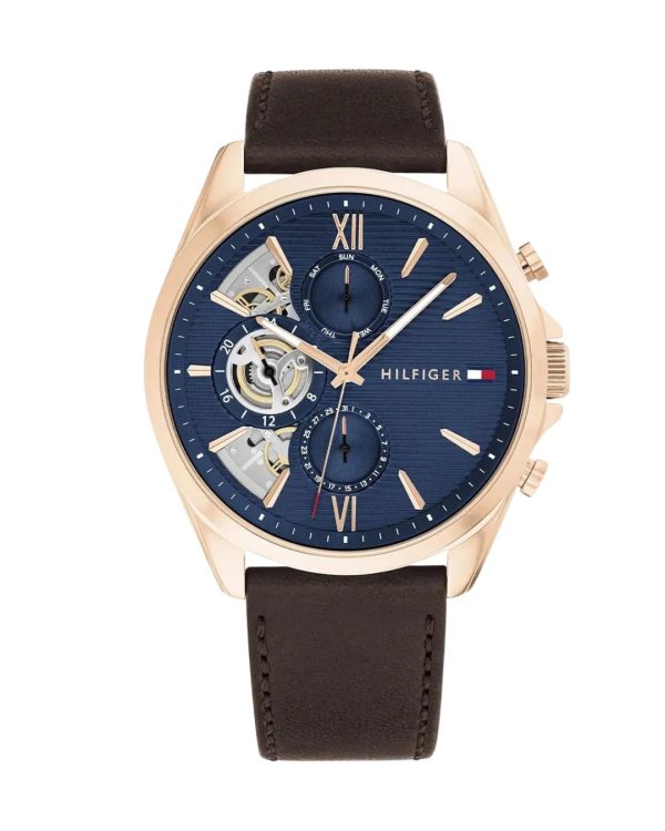 Montre homme Tommy Hilfiger Baker 44 mm réf. 1710645, cadran bleu, bracelet cuir, mouvement quartz – vue de face | Horlova Maroc