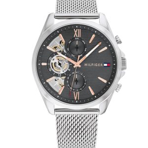 Montre homme Tommy Hilfiger Baker 44 mm réf. 1710646, cadran gris, bracelet acier, mouvement quartz – vue de face | Horlova Maroc