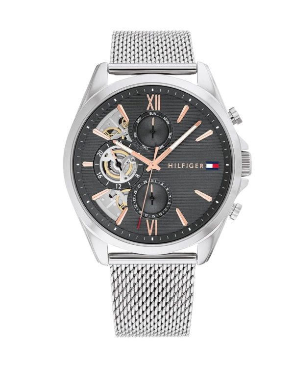 Montre homme Tommy Hilfiger Baker 44 mm réf. 1710646, cadran gris, bracelet acier, mouvement quartz – vue de face | Horlova Maroc
