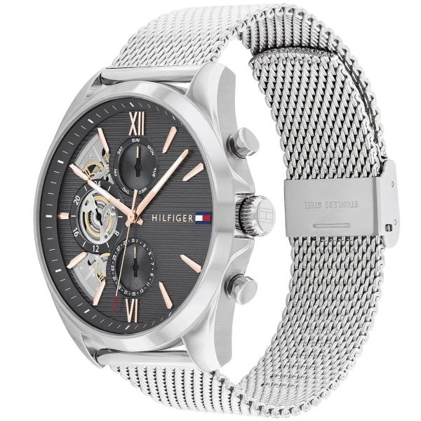 Montre homme Tommy Hilfiger Baker 44 mm réf. 1710646, cadran gris, bracelet acier – autre angle