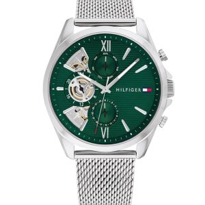 Montre homme Tommy Hilfiger Baker 44 mm réf. 1710647, cadran vert, bracelet acier, mouvement quartz – vue de face | Horlova Maroc