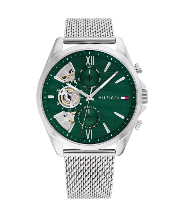 Montre homme Tommy Hilfiger Baker 44 mm réf. 1710647, cadran vert, bracelet acier, mouvement quartz – vue de face | Horlova Maroc