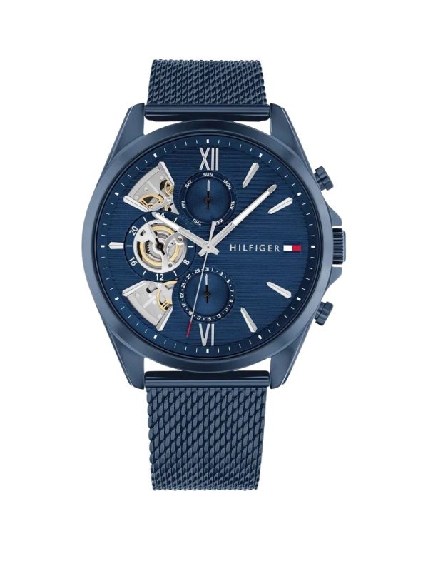 Montre homme Tommy Hilfiger Baker 44 mm réf. 1710648, cadran bleu, bracelet acier, mouvement quartz – vue de face | Horlova Maroc