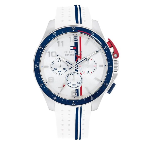 Montre homme Tommy Hilfiger Bank 46 mm réf. 1792167, cadran blanc, mouvement quartz chronographe – vue de face | Horlova Maroc