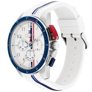 Montre homme Tommy Hilfiger Bank 46 mm réf. 1792167, cadran blanc, mouvement quartz chronographe – vue de trois-quarts