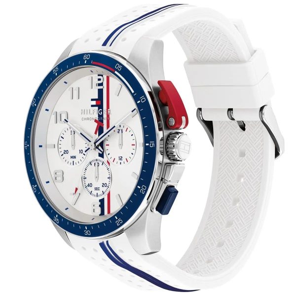 Montre homme Tommy Hilfiger Bank 46 mm réf. 1792167, cadran blanc, mouvement quartz chronographe – vue de trois-quarts