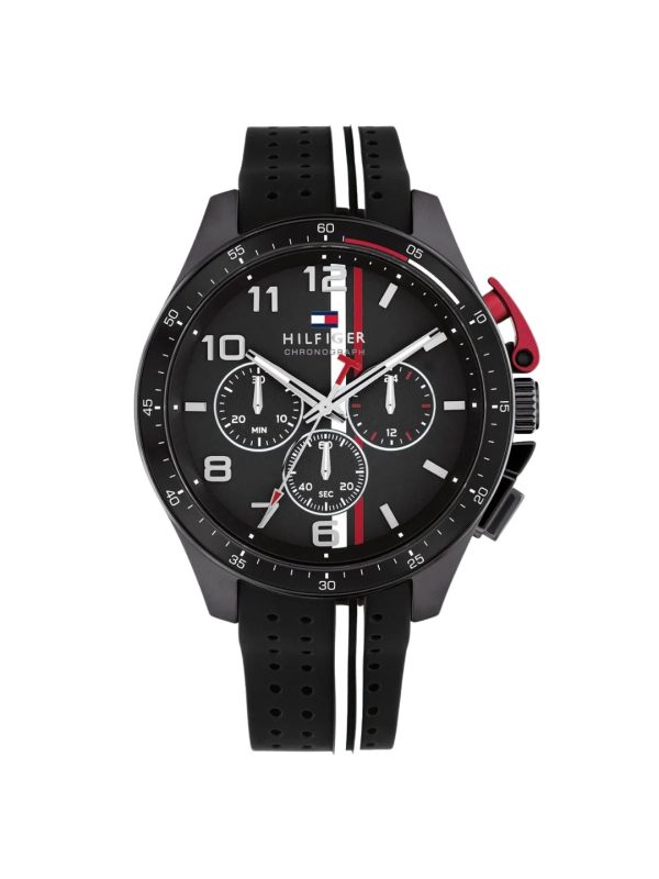 Montre homme Tommy Hilfiger Bank 46 mm réf. 1792168, cadran noir, bracelet silicone – vue de face | Horlova Maroc