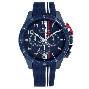 Montre homme Tommy Hilfiger Bank 46 mm réf. 1792169, cadran bleu, bracelet silicone – vue de face | Horlova Maroc