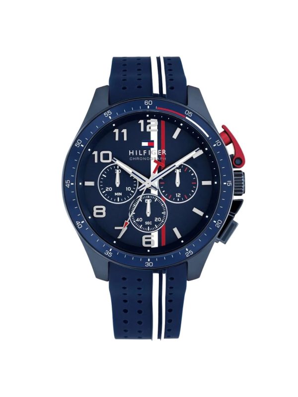 Montre homme Tommy Hilfiger Bank 46 mm réf. 1792169, cadran bleu, bracelet silicone – vue de face | Horlova Maroc