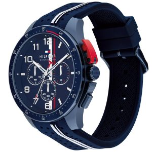 Montre homme Tommy Hilfiger Bank 46 mm réf. 1792169, cadran bleu, bracelet silicone – vue de trois-quarts