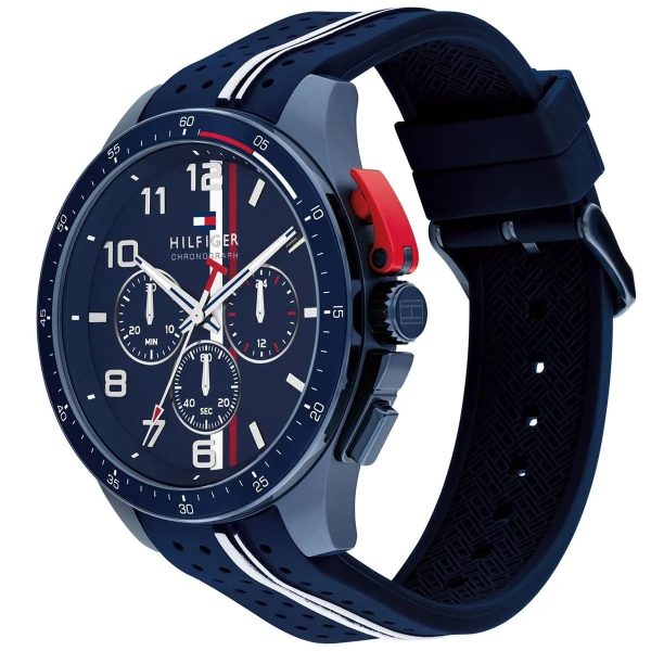 Montre homme Tommy Hilfiger Bank 46 mm réf. 1792169, cadran bleu, bracelet silicone – vue de trois-quarts