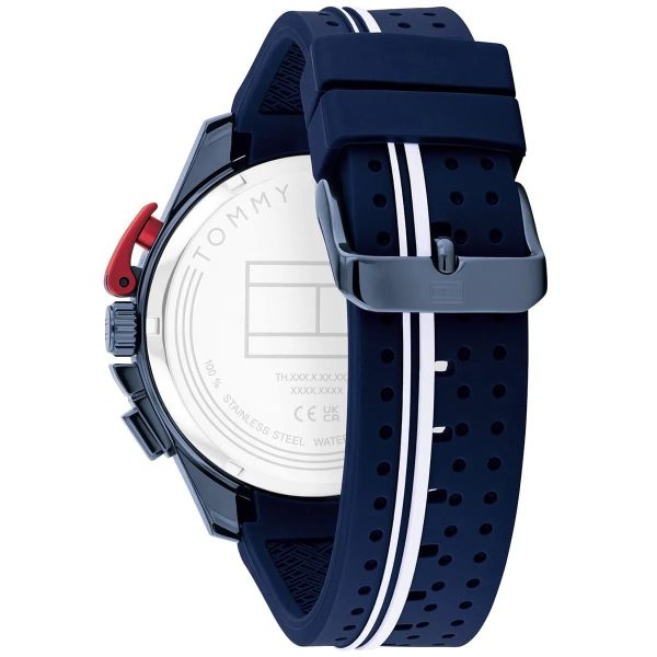 Montre homme Tommy Hilfiger Bank 46 mm réf. 1792169, cadran bleu, bracelet silicone – autre angle