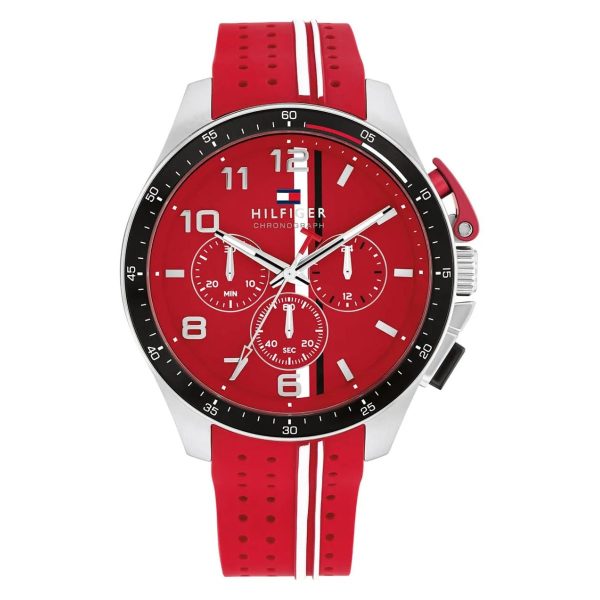 Montre homme Tommy Hilfiger Bank 46 mm réf. 1792170, cadran rouge, mouvement quartz chronographe – vue de face | Horlova Maroc