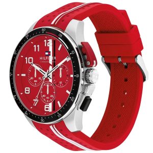 Montre homme Tommy Hilfiger Bank 46 mm réf. 1792170, cadran rouge, mouvement quartz chronographe – vue de trois-quarts