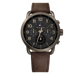 Montre homme Tommy Hilfiger Briggs 46 mm réf. 1791425, cadran noir, bracelet cuir, mouvement quartz – vue de face | Horlova Maroc