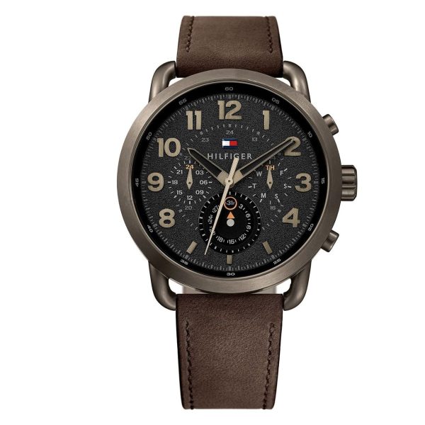 Montre homme Tommy Hilfiger Briggs 46 mm réf. 1791425, cadran noir, bracelet cuir, mouvement quartz – vue de face | Horlova Maroc