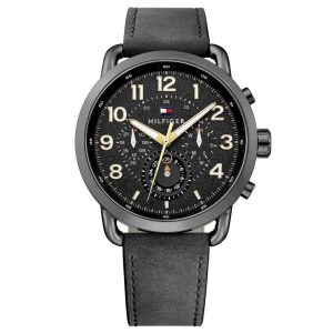 Montre homme Tommy Hilfiger Briggs 46 mm réf. 1791426, cadran noir, bracelet cuir, mouvement quartz – vue de face | Horlova Maroc
