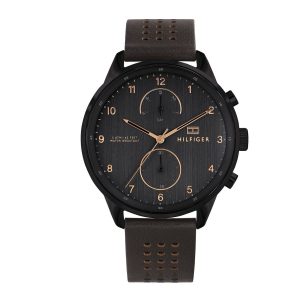 Montre homme Tommy Hilfiger Chase 44 mm réf. 1791577, cadran noir, bracelet cuir, mouvement quartz – vue de face | Horlova Maroc