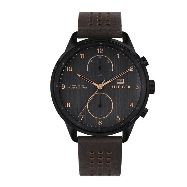 Montre homme Tommy Hilfiger Chase 44 mm réf. 1791577, cadran noir, bracelet cuir, mouvement quartz – vue de face | Horlova Maroc