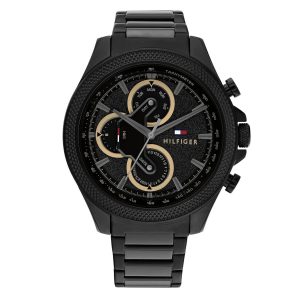 Montre homme Tommy Hilfiger Clark 46 mm réf. 1792081, cadran noir, mouvement quartz – vue de face | Horlova Maroc