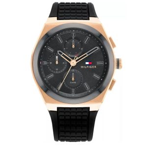Montre homme Tommy Hilfiger Connor Bracelet 44 mm réf. 1791931, cadran noir, bracelet silicone – vue de face | Horlova Maroc