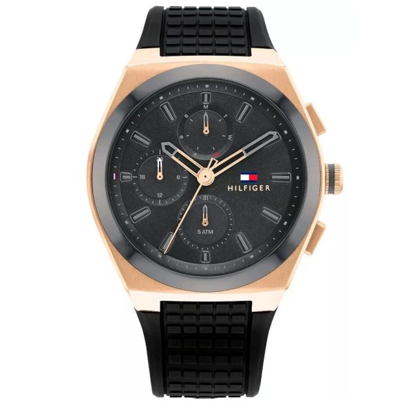 Montre homme Tommy Hilfiger Connor Bracelet 44 mm réf. 1791931, cadran noir, bracelet silicone – vue de face | Horlova Maroc