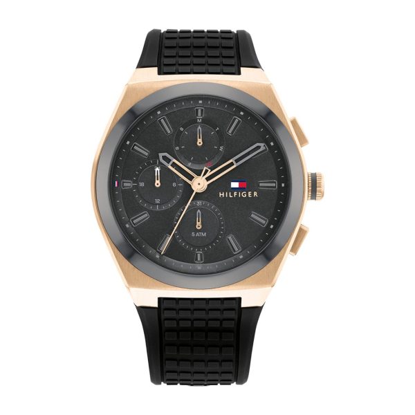 Montre homme Tommy Hilfiger Connor Bracelet 44 mm réf. 1791931, cadran noir, bracelet silicone – vue rapprochée