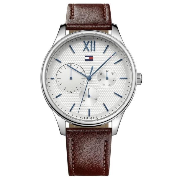Montre homme Tommy Hilfiger Damon 44 mm réf. 1791418, cadran blanc, mouvement quartz – vue de face | Horlova Maroc