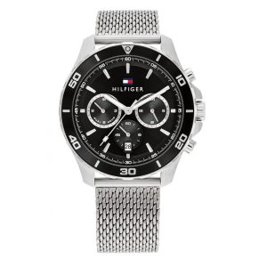 Montre homme Tommy Hilfiger Dual Time 43 mm réf. 1792092, cadran noir, mouvement quartz – vue de face | Horlova Maroc