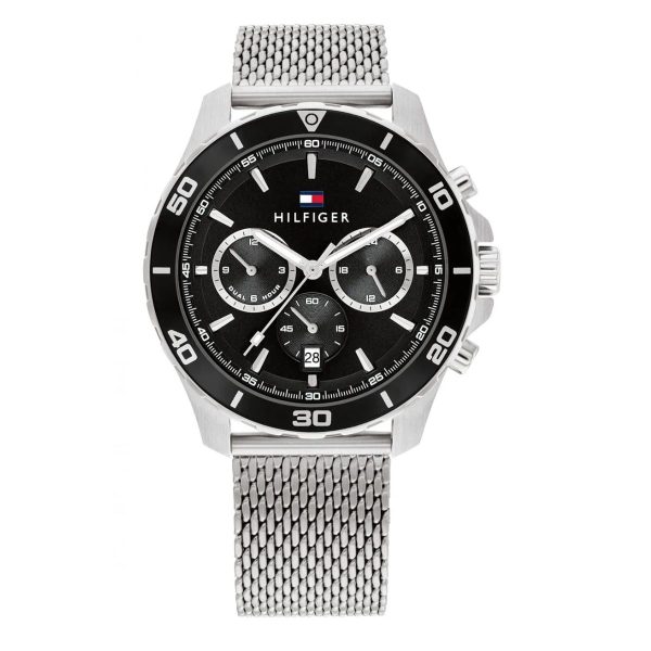 Montre homme Tommy Hilfiger Dual Time 43 mm réf. 1792092, cadran noir, mouvement quartz – vue de face | Horlova Maroc